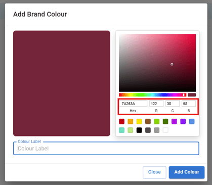 Screenshot of the colour picker with the Hex/RGB fields highlighted.