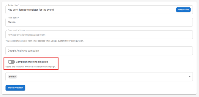 Screenshot of the NewZapp sending wizard with Campaign tracking disabled.