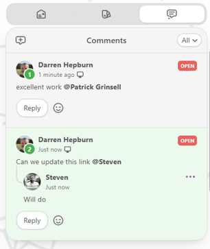 Screenshot of the comments section in the editor