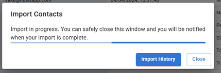 Screenshot of the import message