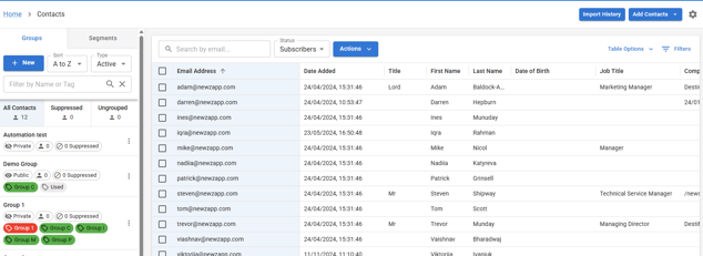 Screebshot of the contacts screen.