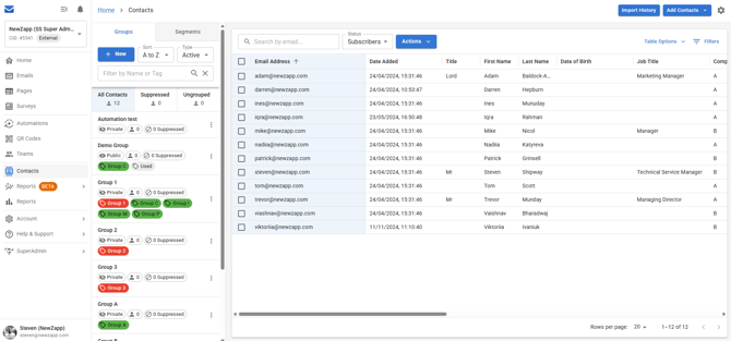 Screenshot of the contacts screen