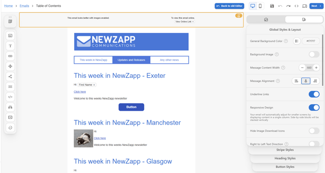 Screenshot of the NewZapp email editor