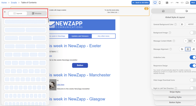 Screenshot of the editor with the structure menu open