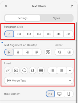 Screenshot of the Text Block settings