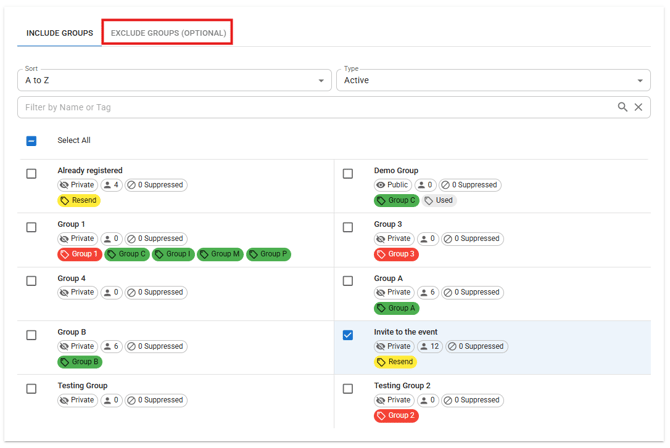 A list of groups during the sending process where a group has been selected and the Exclude Groups option has been highlighted.