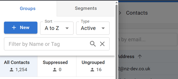 Screenshot showing the Groups list overlaying the screen