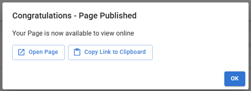 Screenshot of the page published confirmation screen.