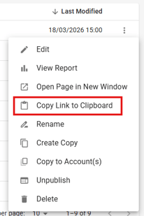 Screen shot of items in the kebab menu