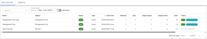 Screenshot showing a list of emails sent in a specified date range