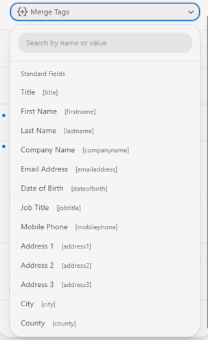 Screenshot of the merge tags drop down menu.