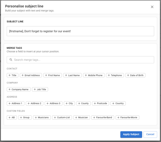 Screenshot of the "Personalise ubject line" window