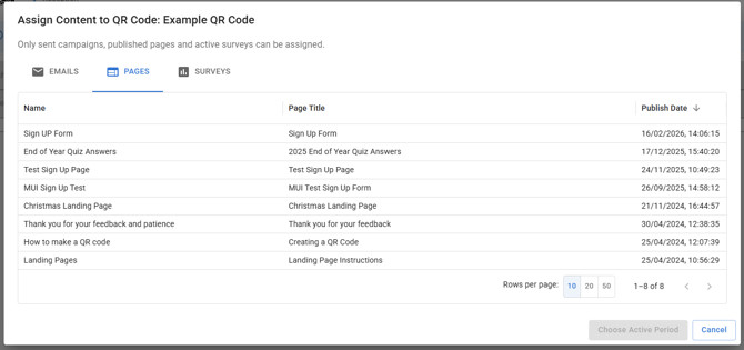 Screenshot of the assign content screen