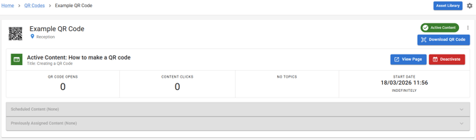 Screenshot of the QR dashboard with active content