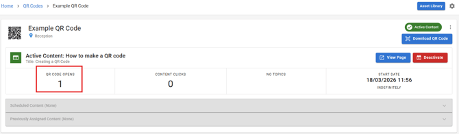Screenshot of the QR dashboard showing 1 open