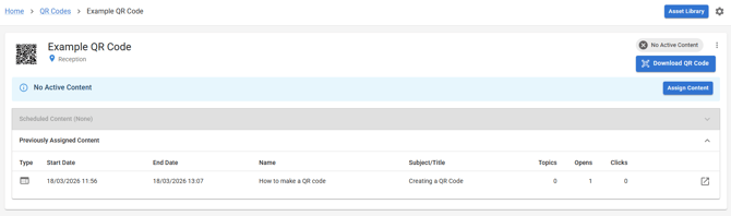 Screenshot of the QR dashboard with the Previously Assigned Content details showing