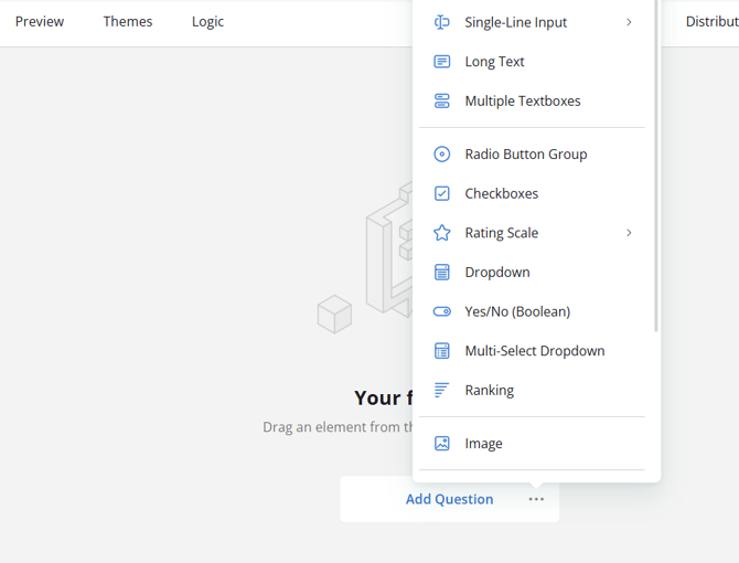 Screenshot of the menu for selecting the first question