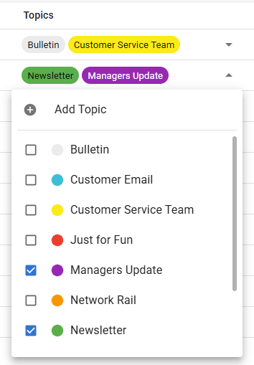 Screenshot of the Topics list in the Email screen