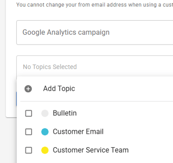 Screenshot of the Topics list in the sending wizard.