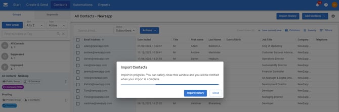 Screemshot of contacts being imported.