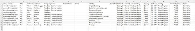 Screenshot of an example excel file